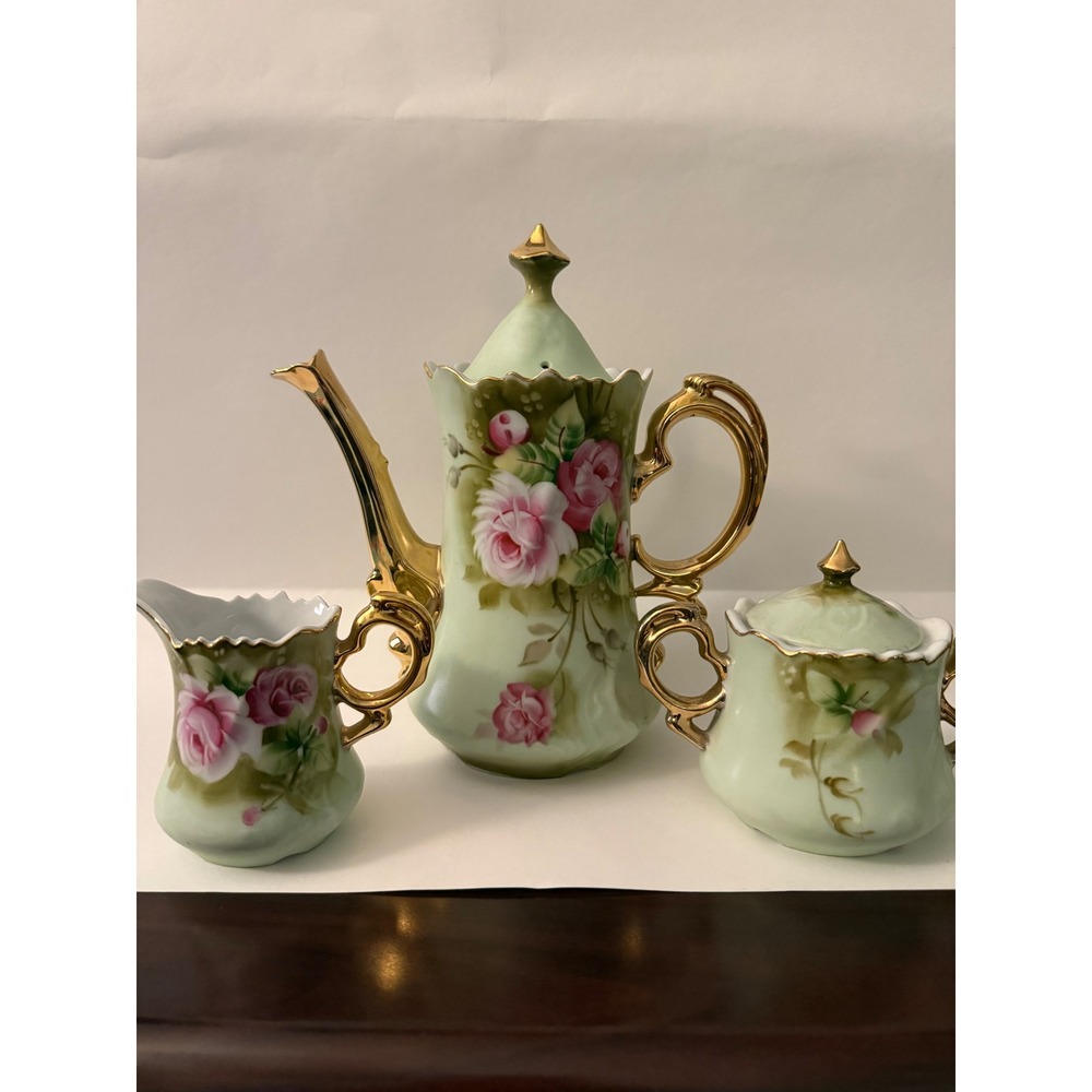 Vintage Lefton China Heritage Rose Tea Set Teapot Sugar & Creamer 3065 3066